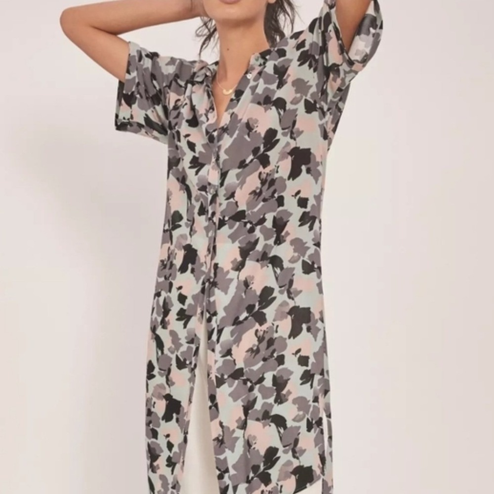 Maeve Anthropologie Abstract Floral Camo Print Short Sleeve Shirt Dress Green 36